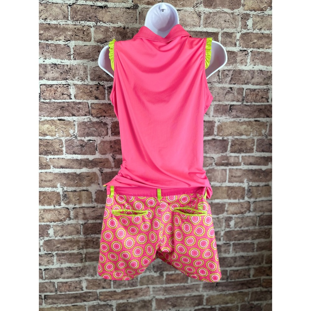 Birdies and Bows Womens Pink Lime Green Ruffle Golf Polo and Shorts Set Small - Picture 4 of 16